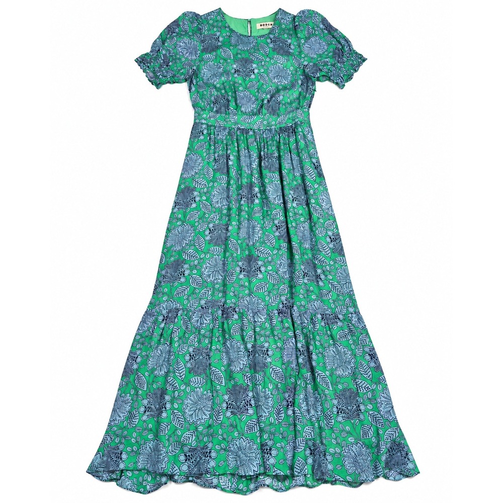 Boden Floral Tiered Maxi Dress Green Blue Puff Sleeve Boho Size 6R
